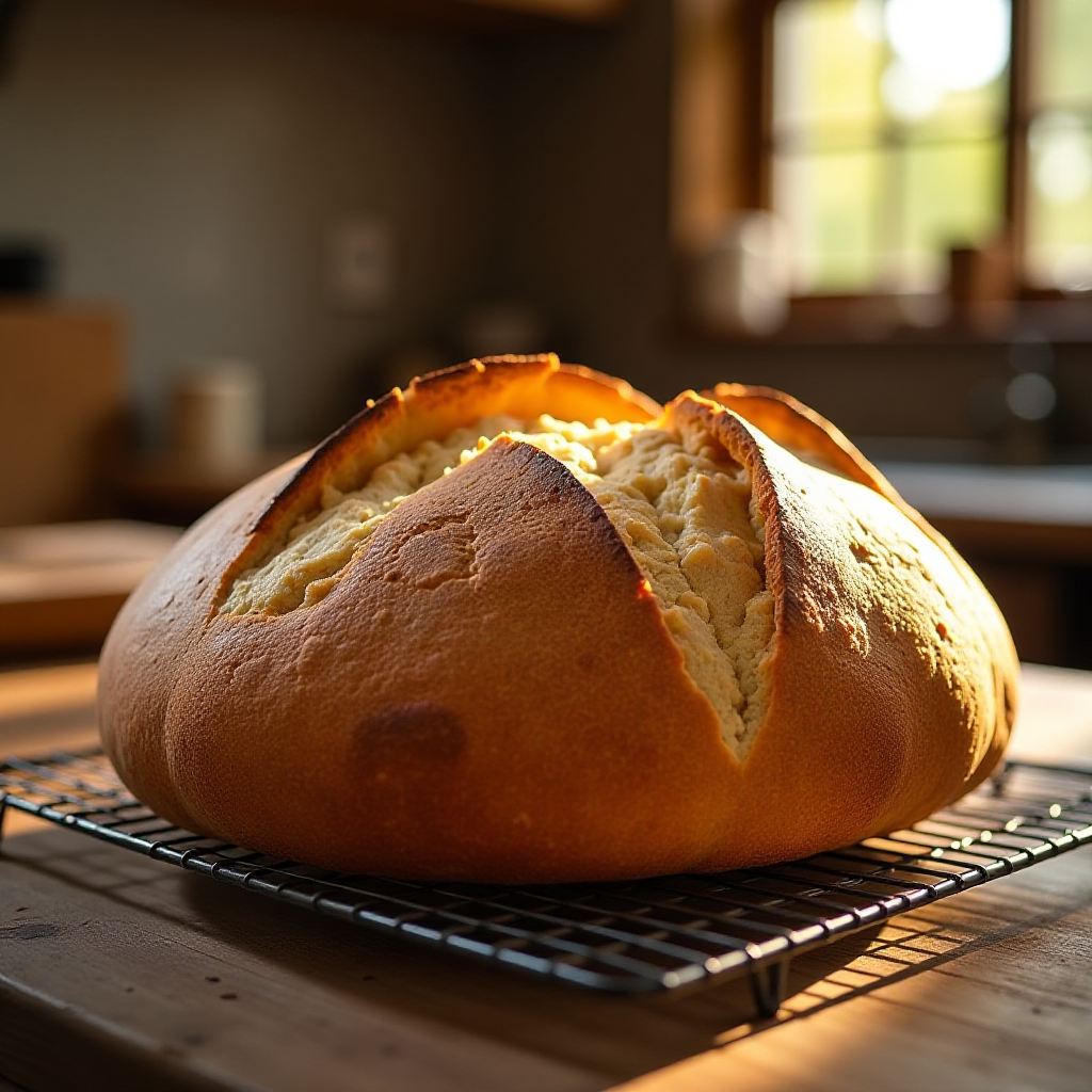 Freshly Baked Homemade Bread for Beginners A golden loaf of homemade bread cooling on a wire rack.