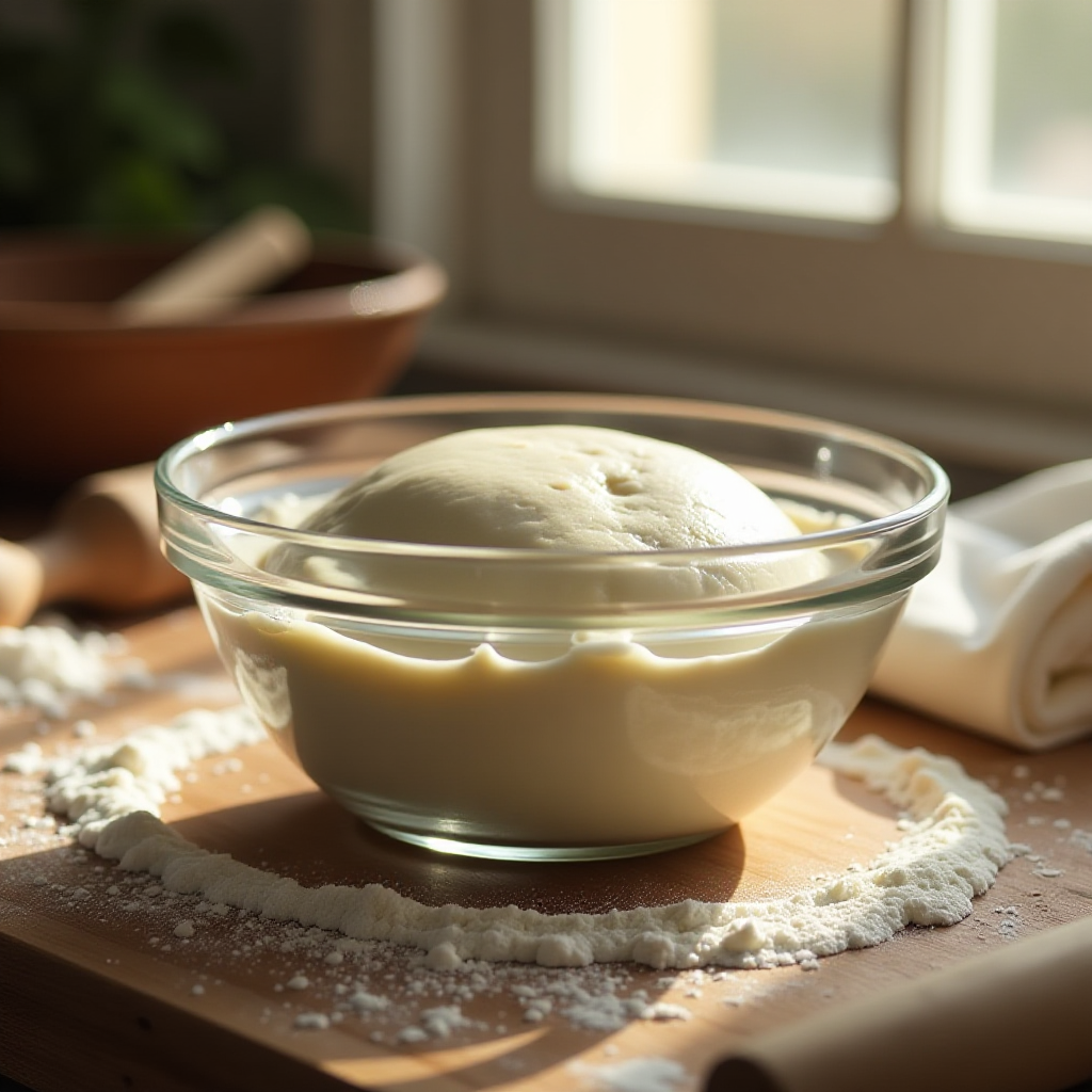From Scratch: Homemade Bread for Beginners 4 Dough rising in a glass bowl covered with a damp towel.