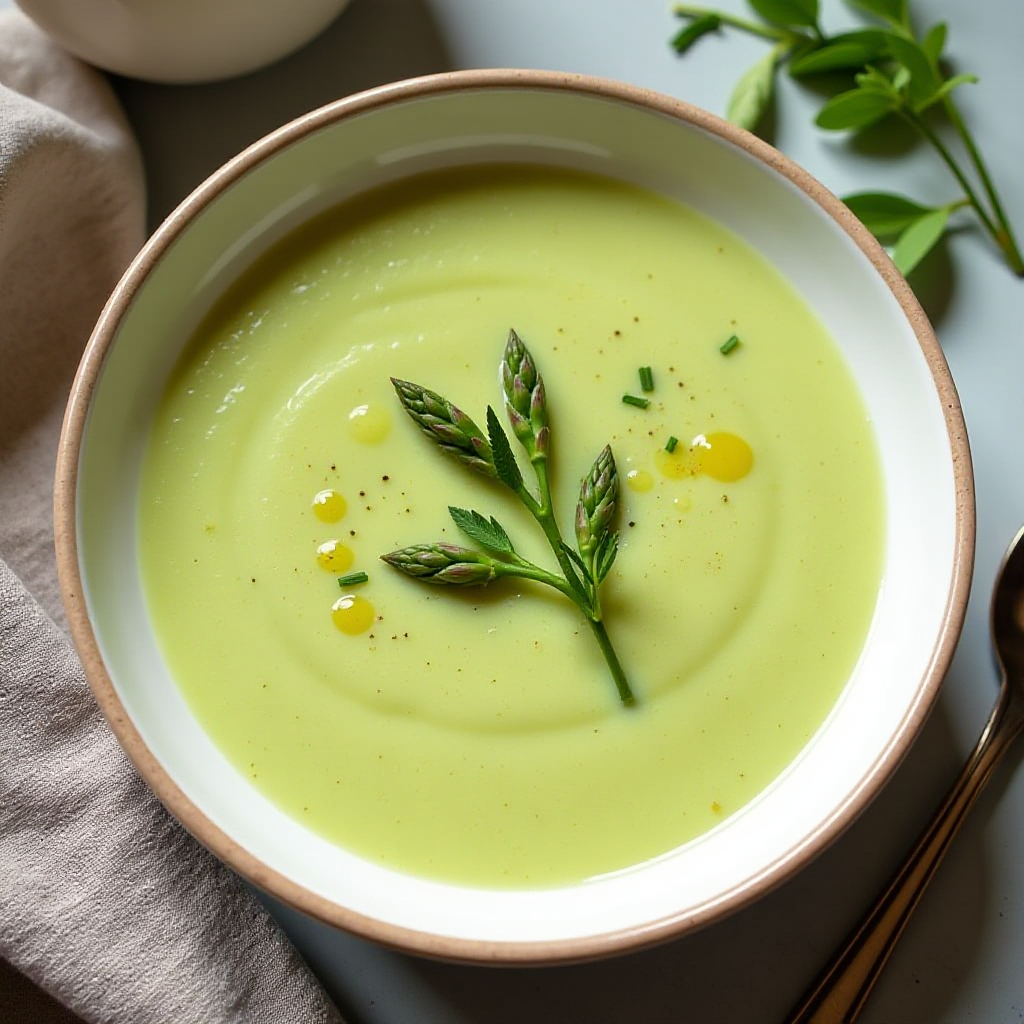 Spring Vegetables: 10 Best Recipes for Seasonal Cooking 4 A bowl of creamy asparagus soup garnished with fresh herbs.
