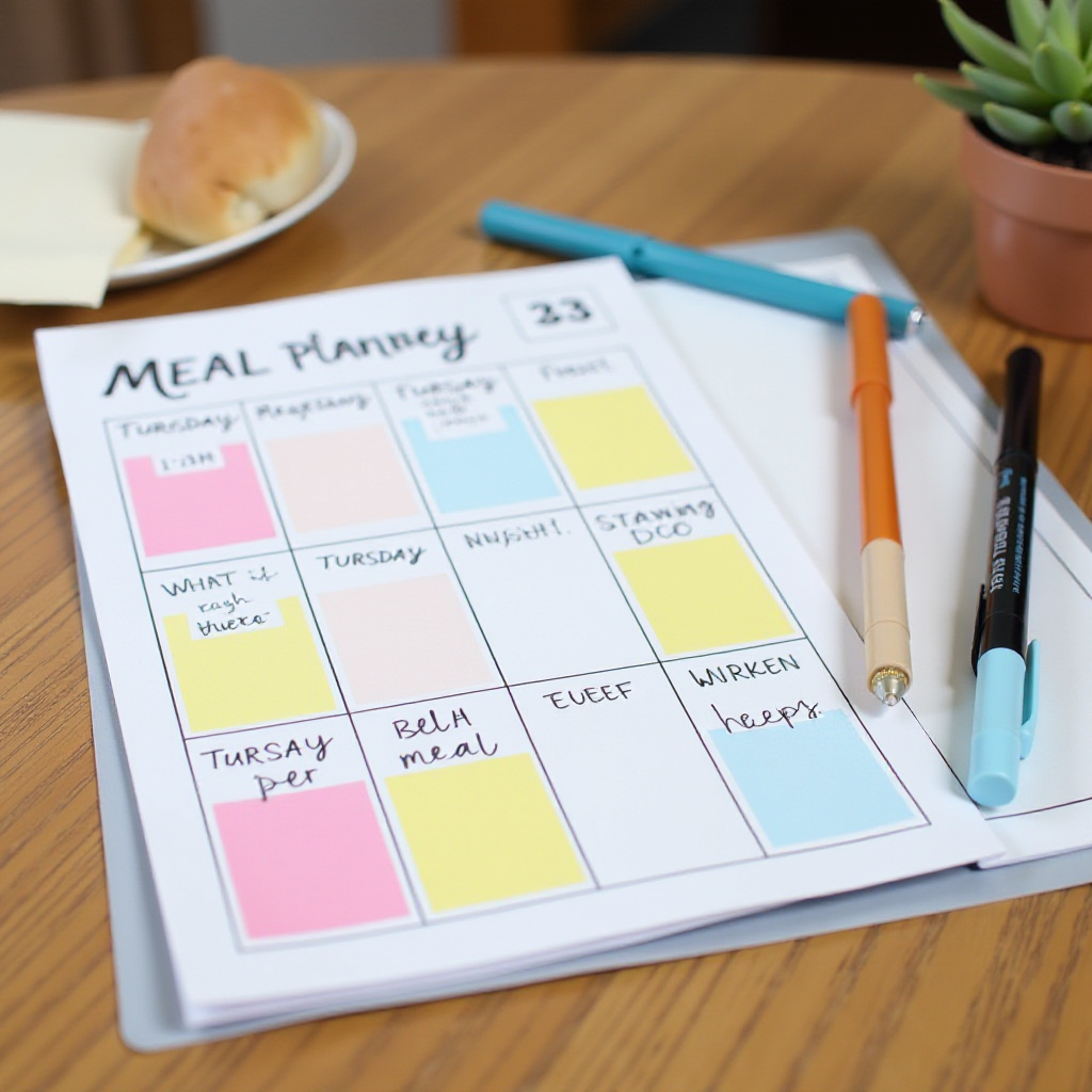 Meal Prepping Magic: Planning for Success A weekly meal planner with colorful notes and pens on a kitchen table, emphasizing meal planning.