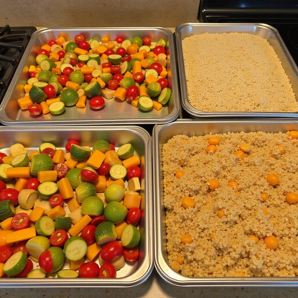 Meal Prepping Magic: Batch Cooking Essentials Multiple pans of roasted vegetables, cooked chicken, and quinoa on a kitchen counter, ready for storage.