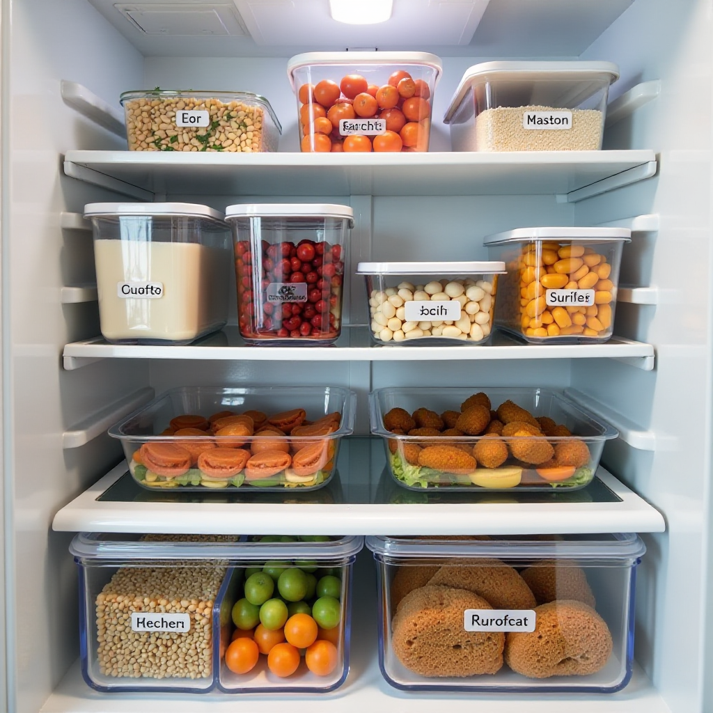 Meal Prepping Magic: Organized Ingredients for Success A refrigerator with labeled containers of prepped meals and ingredients, showcasing smart storage solutions.