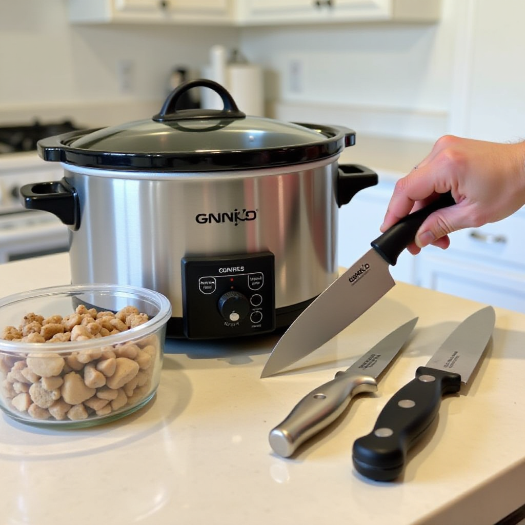 Meal Prepping Magic: Essential Tools for Success Essential meal prep tools like a slow cooker, sharp knives, and glass containers displayed on a kitchen counter.